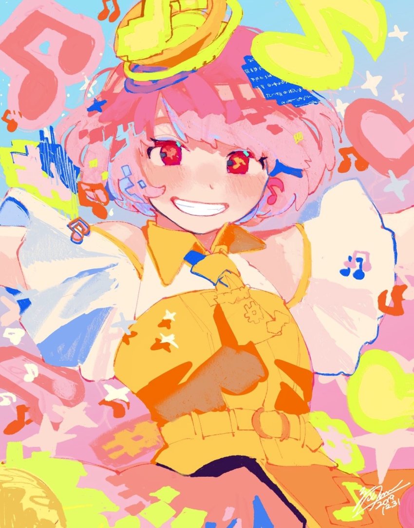 1girl beamed_eighth_notes blush collared_dress dress eighth_note highres kamen_rider kamen_rider_ex-aid_(series) looking_at_viewer musical_note necktie parted_lips pink_hair poppi_pipopapo red_eyes ruu_wan_mm shadow short_hair short_sleeves signature smile solo upper_body yellow_dress yellow_necktie
