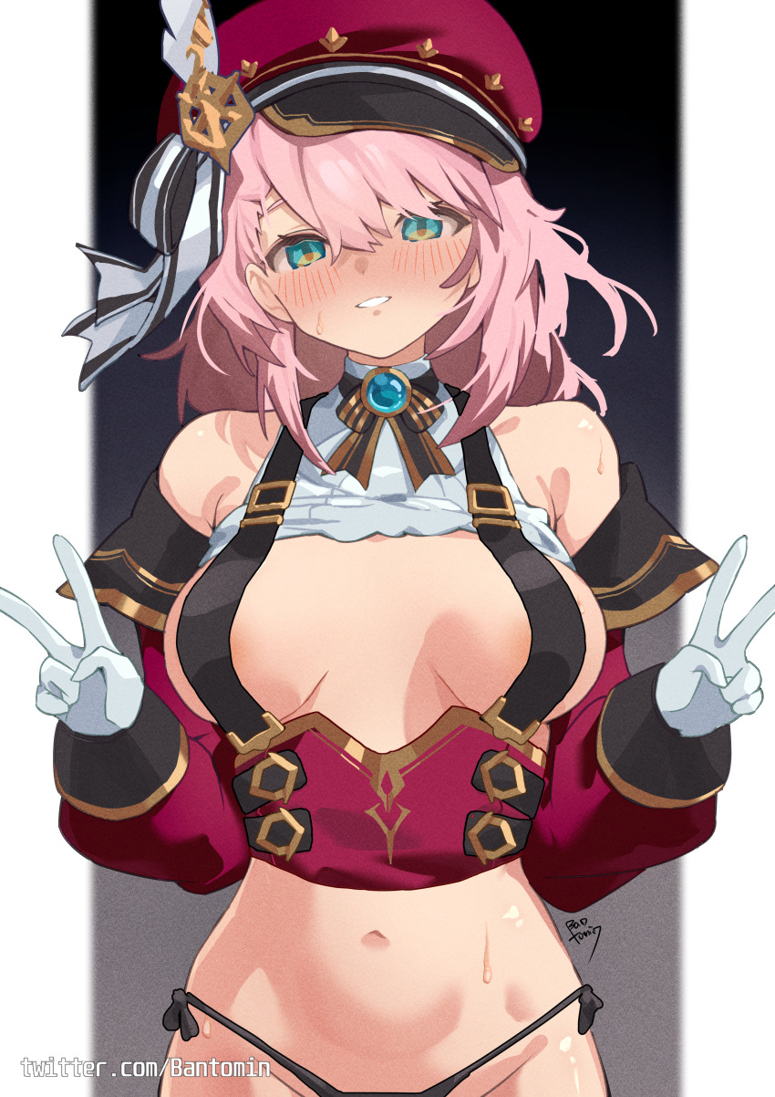 1girl absurdres artist_name bantomin bare_shoulders black_background black_panties blush border breasts breasts_apart brooch cabbie_hat charlotte_(genshin_impact) clothes_lift commentary detached_sleeves double_v genshin_impact gloves gradient_background green_eyes grey_background grin hat hat_feather hat_ribbon highres jewelry large_breasts large_variant_set looking_at_viewer medium_hair naked_suspenders navel outside_border panties pillarboxed pink_hair red_hat red_sleeves ribbon shirt shirt_lift side-tie_panties sleeveless sleeveless_shirt smile solo stomach straight-on suspenders sweat twitter_username underwear upper_body v variant_set watermark web_address white_border white_gloves white_shirt