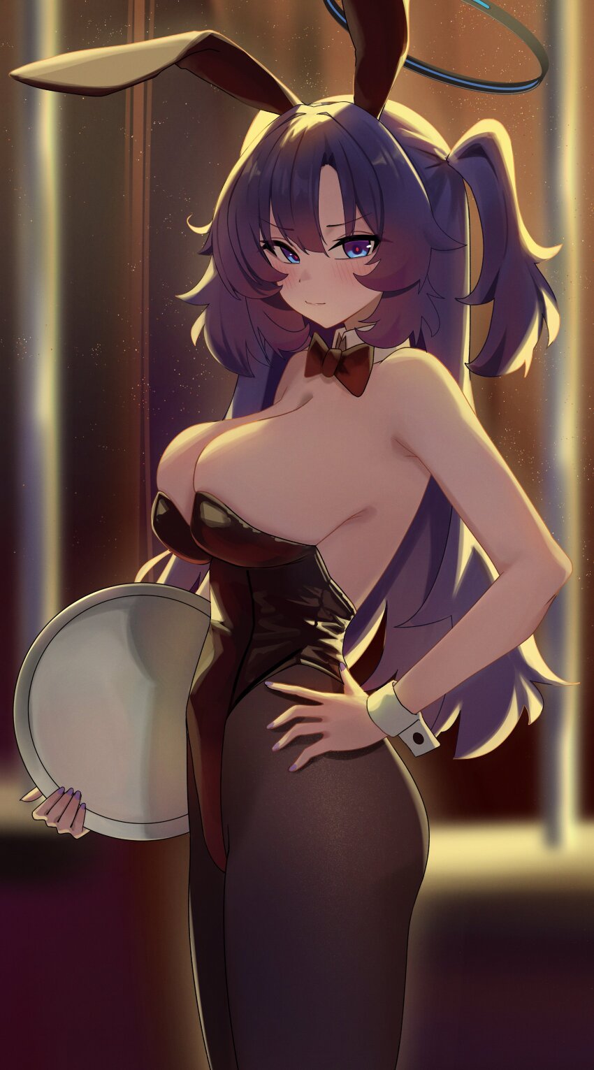 1girl absurdres alternate_costume animal_ears black_halo black_leotard black_pantyhose blue_archive blue_eyes blue_hair blush breasts cleavage closed_mouth commentary fake_animal_ears from_side halo hand_on_own_hip highres holding holding_tray large_breasts leotard long_hair looking_at_viewer mcbox mechanical_halo pantyhose playboy_bunny rabbit_ears solo symbol-only_commentary tray two_side_up white_wrist_cuffs wrist_cuffs yuuka_(blue_archive)