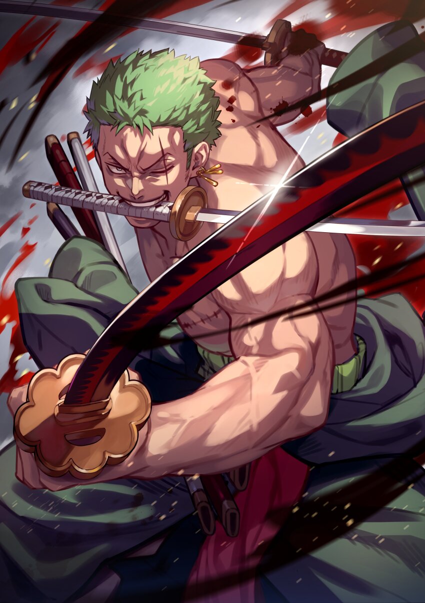 1boy absurdres black_blade earrings green_hair green_robe haramaki highres holding holding_sword holding_weapon jewelry katana looking_at_viewer male_focus one_eye_closed one_piece red_sash robe roronoa_zoro sash scar scar_across_eye scar_on_face sword sword_in_mouth uedrk_yamato weapon weapon_in_mouth