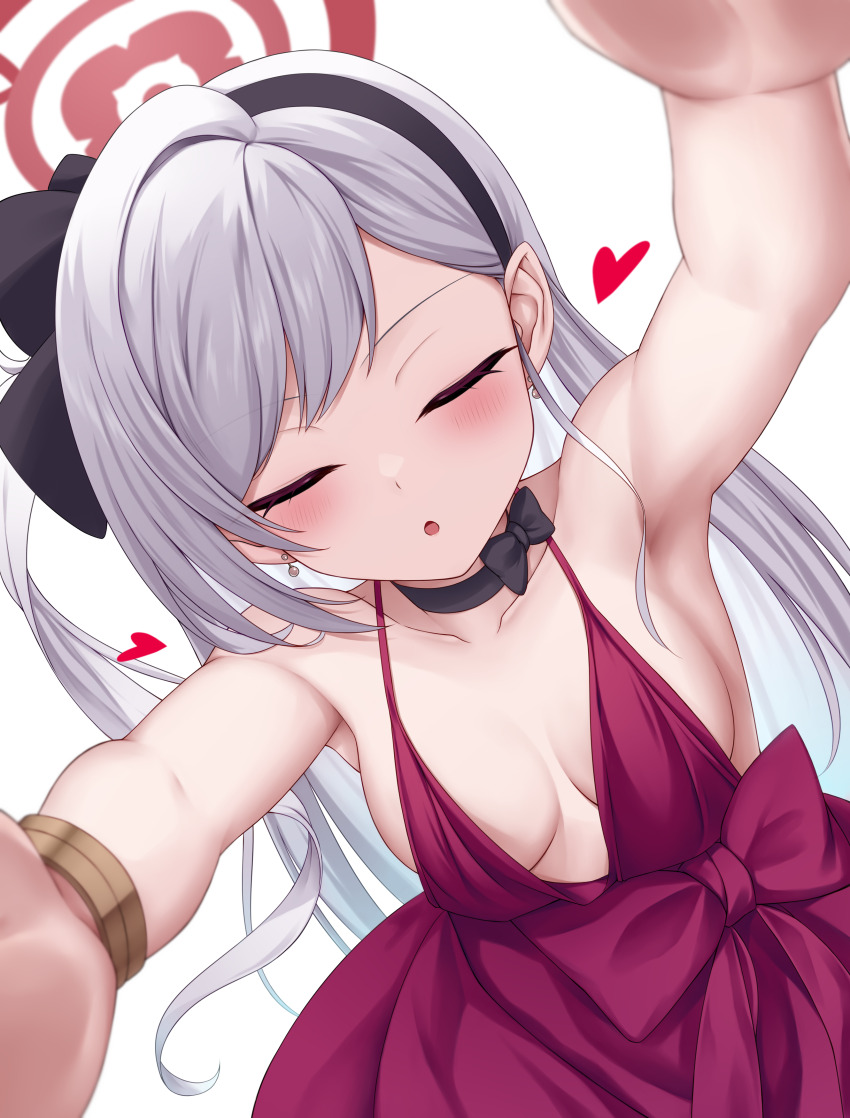1girl absurdres black_choker black_hairband blue_archive blush breasts chien_zero choker closed_eyes collarbone commentary dress facing_viewer grey_hair hairband halo heart highres long_hair medium_breasts mutsuki_(blue_archive) mutsuki_(dress)_(blue_archive) official_alternate_costume parted_lips pointy_ears purple_dress red_halo simple_background sleeveless sleeveless_dress solo white_background