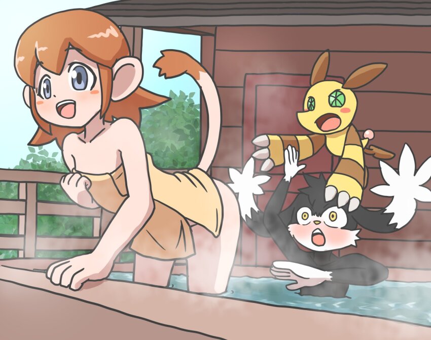 1girl 2boys bathing blue_eyes blush bottomless breasts constricted_pupils green_eyes kaze_no_klonoa klonoa leaning_forward lolo_(klonoa) multiple_boys namco onsen open_mouth orange_hair popka short_hair small_breasts surprised teeth tongue towel water wide-eyed yellow_eyes