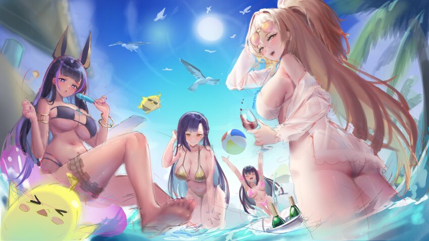 absurdres animal_ears armlet arms_up ass azur_lane ball beachball bikini black_bikini black_hair blonde_hair blue_eyes blush breasts cleopatra_(azur_lane) cleopatra_(stars_and_roses)_(azur_lane) closed_eyes closed_mouth cup dark-skinned_female dark_skin dreiworks fake_animal_ears gold_bikini hands_up highres holding holding_cup jewelry large_breasts leaning_forward legs lion_(azur_lane) lion_(the_reclining_dandelion)_(azur_lane) long_hair looking_at_viewer manjuu_(azur_lane) multicolored_hair multiple_girls nail_polish navel open_mouth pink_bikini purple_hair purple_nails purple_streaks sketch smile sun sunglasses swimsuit thighs toes trafalgar_(azur_lane) trafalgar_(sea_breeze_moonlit_talks)_(azur_lane) trinidad_(azur_lane) unfinished white_bikini yellow_eyes