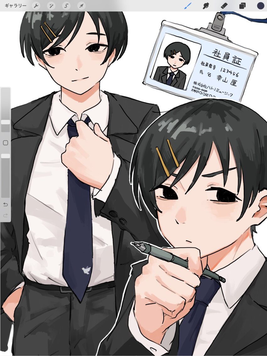 1girl :/ art_program_in_frame belt black_belt black_eyes black_hair black_jacket black_pants black_suit blue_necktie closed_mouth collared_shirt commentary cowboy_shot formal_clothes futsuu_no_keion-bu hair_ornament hairpin hand_in_pocket highres holding holding_pen id_card jacket kouyama_rin kusakabe_(kskb_e) lanyard lapels long_sleeves multiple_views necktie notched_lapels open_clothes open_jacket pants pen pixie_cut procreate_(software) shirt shirt_tucked_in short_hair suit suit_jacket swept_bangs symbol-only_commentary upper_body v-shaped_eyebrows