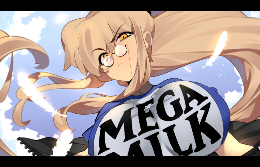 1girl artist_request blonde_hair blue_sky blush breast_press breasts breasts_focus day disgust feathers freaked_fleapit_(game) glasses highres huge_breasts mega_milk meme sister_june_(freaked_fleapit) sky yellow_eyes