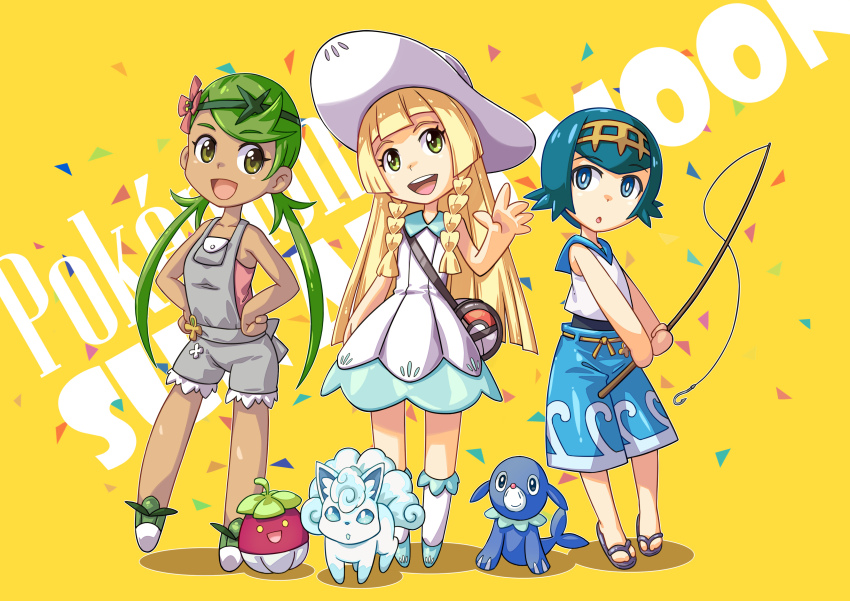 3girls absurdres alolan_form alolan_vulpix bag blonde_hair blue_hair bounsweet confetti fish.boy fishing_rod flower game_freak gen_7_pokemon hair_ornament highres holding lana_(pokemon) lillie_(pokemon) long_hair mallow_(pokemon) multiple_girls nintendo open_mouth overalls pokemon pokemon_(creature) pokemon_sm popplio shadow sidelocks smile standing twintails