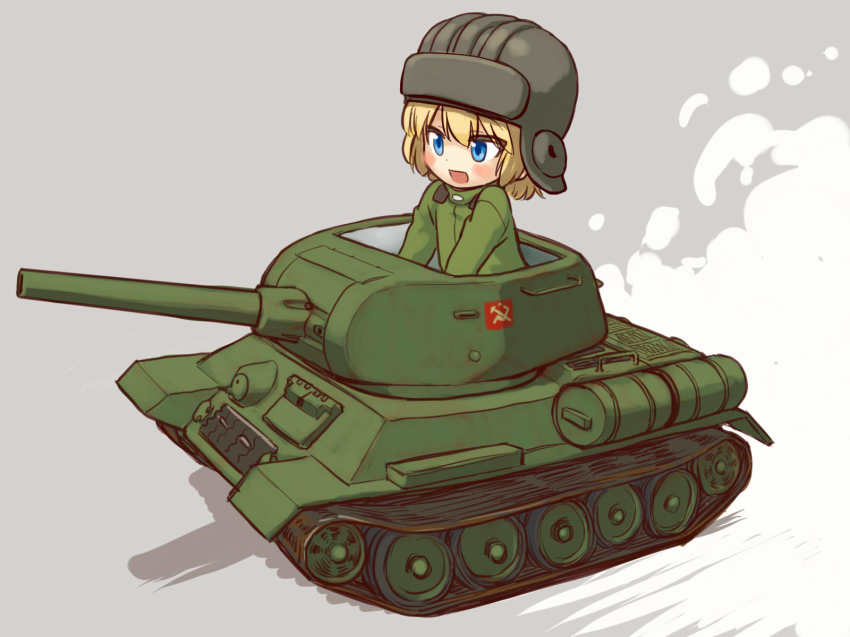 10s 1girl black_hat blonde_hair blue_eyes blush_stickers chibi emblem female_focus girls_und_panzer grey_background hat helmet highres katyusha_(girls_und_panzer) long_sleeves looking_to_the_side military military_vehicle motor_vehicle open_mouth pravda_(emblem) riding sabaku_chitai short_hair short_jumpsuit sitting smile solo t-34 tank tank_helmet