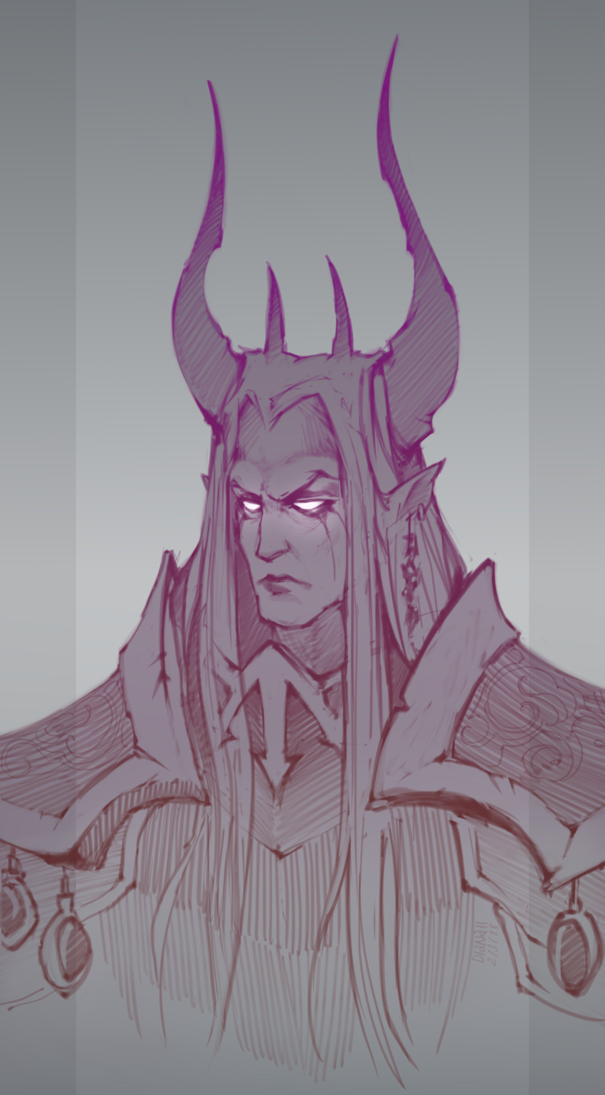 1boy armor artist_name closed_mouth commentary dated demon_primarch dianaiiz earrings emperor&#039;s_children english_commentary frown fulgrim glowing glowing_eyes hatching_(texture) highres horns jewelry long_hair male_focus no_pupils ornate_armor parted_bangs pauldrons pink_eyes pointy_ears power_armor primarch shoulder_armor sketch slaanesh solo upper_body warhammer_40k
