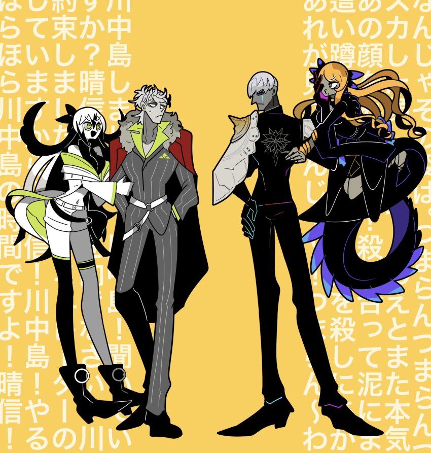 2boys 2girls armor asymmetrical_legwear bangle belt blonde_hair bracelet closed_mouth coat dragon_tail fate/grand_order fate_(series) fingernails floating formal_clothes frown full_body fur-trimmed_coat fur_trim green_eyes grin hand_in_pocket hand_on_own_hip hand_over_another&#039;s_eye high_collar high_heels highres indra_(fate) jewelry long_hair long_legs looking_at_another looking_down multicolored_hair multiple_boys multiple_girls nagao_kagetora_(fate) o-ring o-ring_belt open_mouth pout print_shirt shiiiiimamike shirt short_hair shorts smile suit sweatdrop tail takeda_shingen_(fate) thigh_strap two-tone_hair uesugi_kenshin_(fate) uesugi_kenshin_(first_ascension)_(fate) vritra_(fate) white_shorts yellow_background