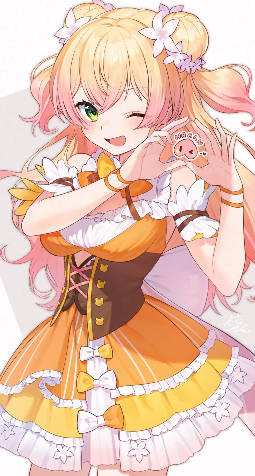 1girl ;d blonde_hair blush bow bowtie breasts brown_bow brown_bowtie clothing_cutout commentary_request corset cowboy_shot crossed_bangs cutout_above_navel double_bun dress fang flower frilled_shirt frills gradient_hair green_eyes hair_bun hair_flower hair_ornament heart heart_hands highres hololive long_hair looking_at_viewer medium_breasts momosuzu_nene momosuzu_nene_(1st_costume) multicolored_bow multicolored_bowtie multicolored_hair one_eye_closed open_mouth orange_bow orange_bowtie orange_shirt pink_hair shirt sidelocks signature sleeveless sleeveless_shirt smile solo two_side_up uhuhu underbust virtual_youtuber yellow_bow yellow_bowtie