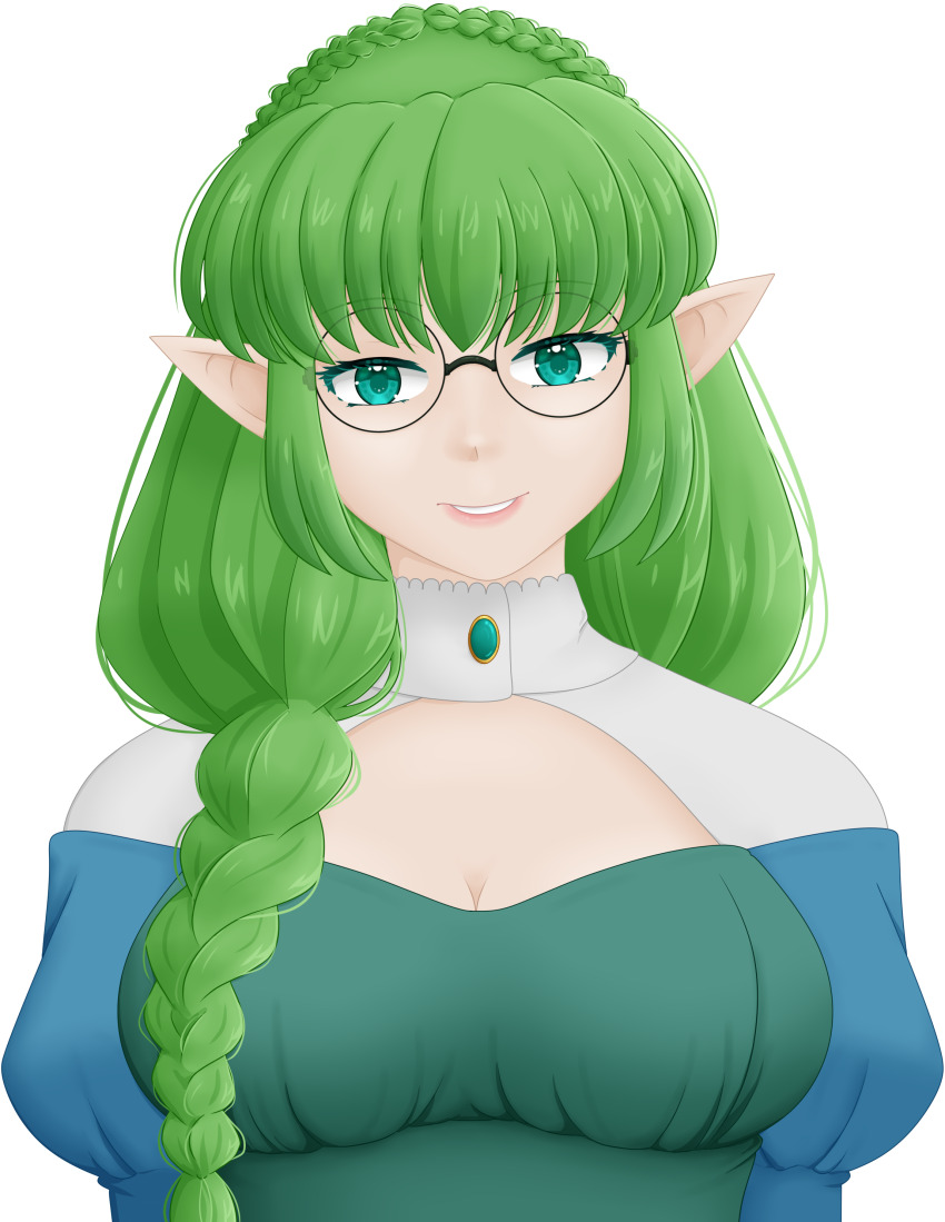1girl absurdres blue_dress braid breasts cleavage cleavage_cutout clothing_cutout commission commissioner_upload crown_braid dress elf euphemy_sylvaine glasses green_dress green_eyes green_hair hair_over_shoulder highres juliet_sleeves large_breasts long_hair long_sleeves looking_at_viewer medium_breasts official_art pointy_ears puffy_sleeves round_eyewear selinanovalight single_braid smile solo upper_body ways_of_darkness_(series)
