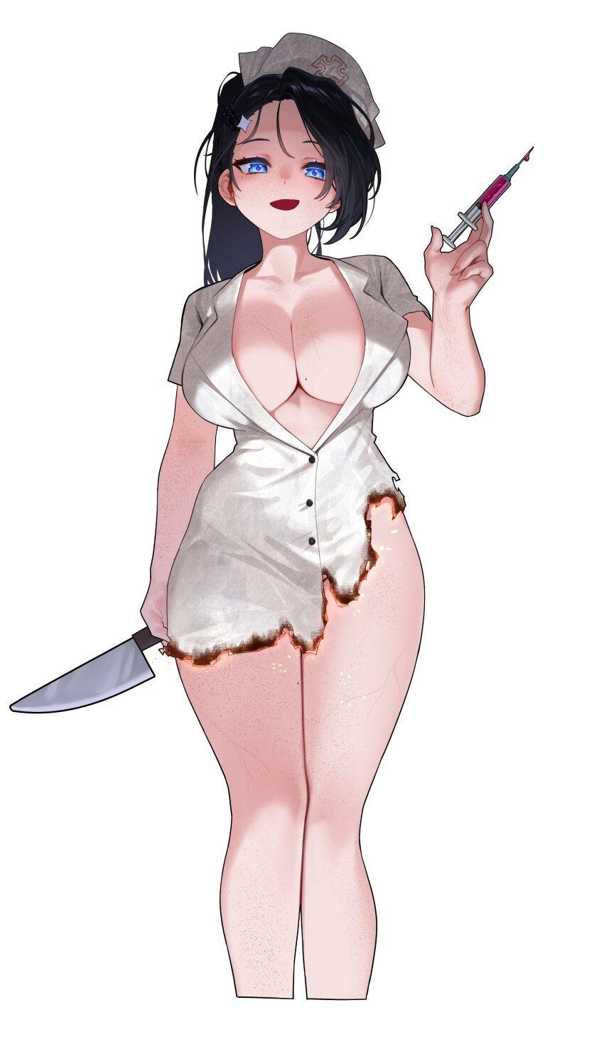 1girl absurdres bare_legs black_hair blue_eyes breasts burnt_clothes cleavage commentary_request cropped_legs dress_shirt hand_up hat highres holding holding_knife holding_syringe ive_(stellive) knife korean_commentary large_breasts long_hair looking_at_viewer mole mole_on_breast mole_on_thigh mole_under_eye no_bra no_panties no_pants nurse nurse_cap open_mouth ponytail sangobob shirt short_sleeves simple_background smile solo stellive syringe thighs underlighting virtual_youtuber white_background white_shirt wing_collar