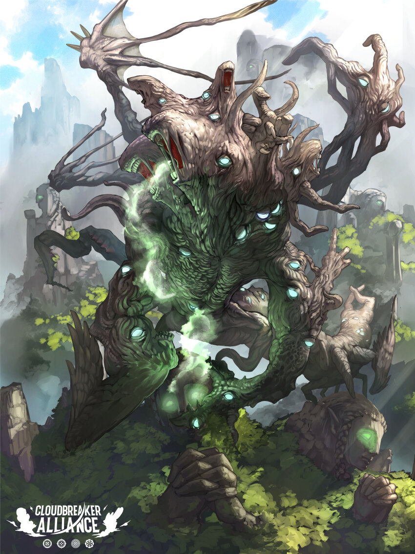 absurdres cloudbreaker_alliance copyright_name extra_eyes extra_mouth fantasy giant giant_monster highres monster mountainous_horizon no_humans official_art open_mouth outdoors own_hands_clasped own_hands_together tagme teeth yumo80295386