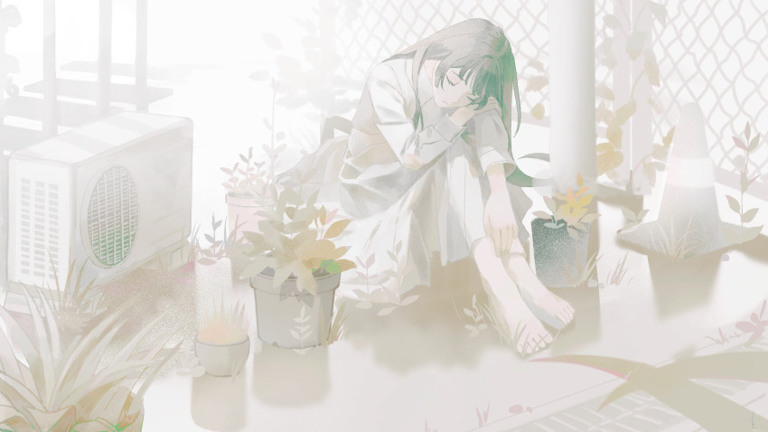 1girl absurdres barefoot black_hair closed_eyes condenser_unit dress flower head_on_hand highres long_hair original outdoors plant sitting traffic_cone white_dress yoru_410