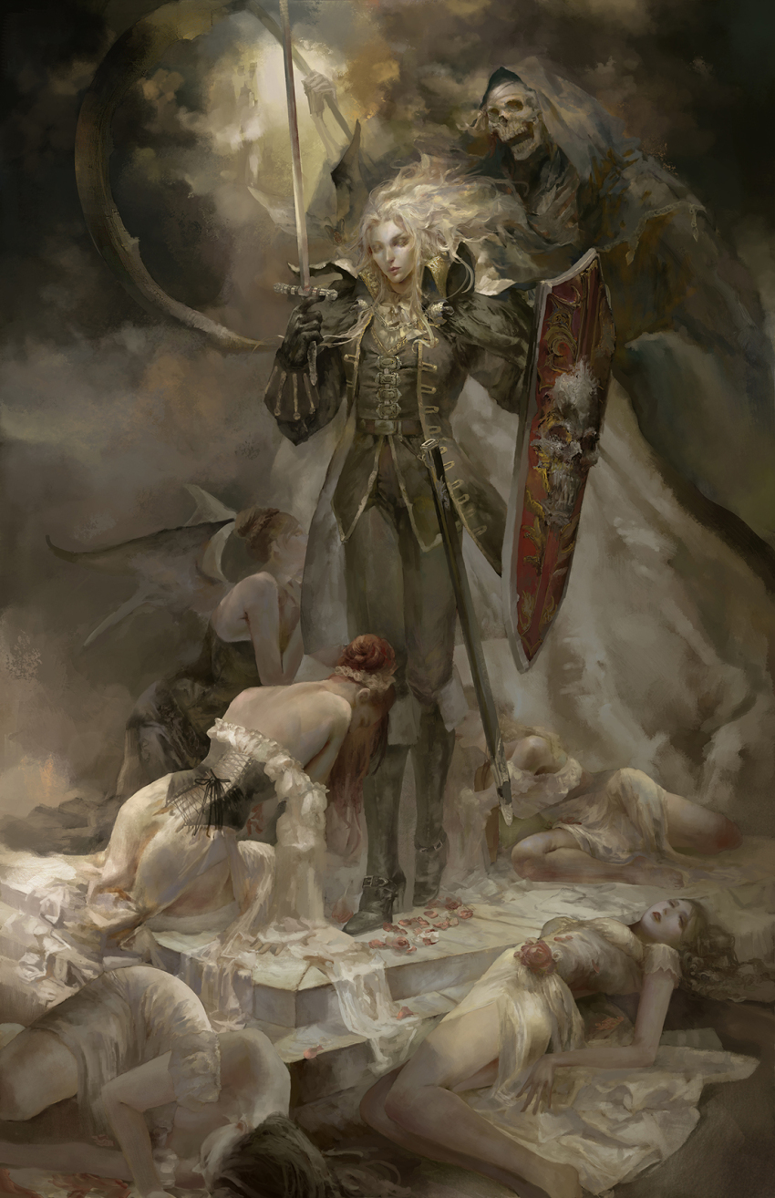 1boy 1other 5girls alucard_(castlevania) blonde_hair brown_hair castlevania_(series) christian_angel death_(entity) highres holding holding_shield holding_sword holding_weapon kneeling long_hair multiple_girls petals red_hair rose_petals scythe shield skeleton sword weapon