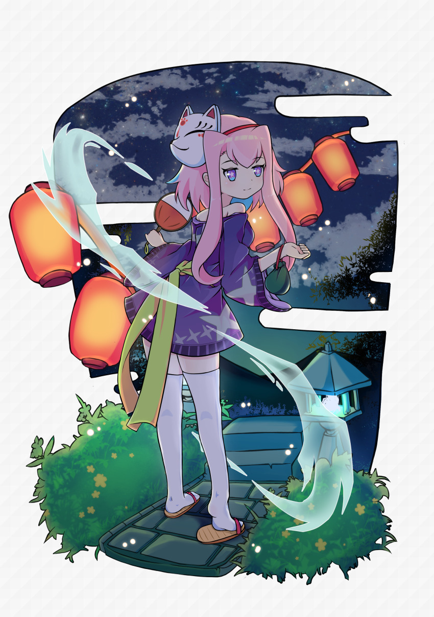 1girl absurdres bare_shoulders closed_mouth full_body hand_fan highres holding holding_fan japanese_clothes kimono lantern long_hair long_sleeves looking_at_viewer looking_back mwm5 orvelle_(world_flipper) paper_lantern pink_hair purple_eyes purple_kimono sandals solo star-shaped_pupils star_(symbol) symbol-shaped_pupils thighhighs very_long_hair white_thighhighs world_flipper