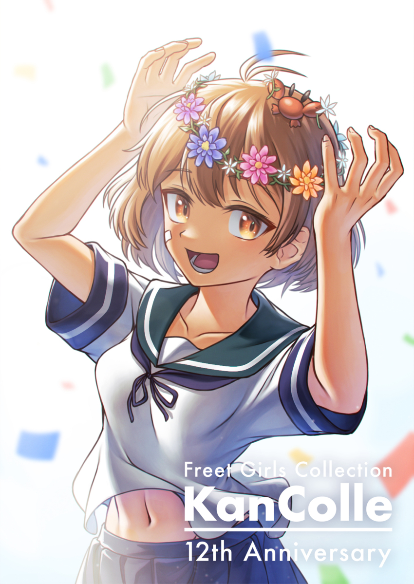 1girl anniversary bandaid bandaid_on_face blue_sailor_collar blue_skirt blush breasts brown_eyes brown_hair confetti crab_on_head hair_ornament head_wreath highres kantai_collection looking_at_viewer oboro_(kancolle) open_mouth pleated_skirt rlyo_(ryo_relation) sailor_collar school_uniform serafuku shirt short_hair short_sleeves skirt small_breasts smile white_shirt