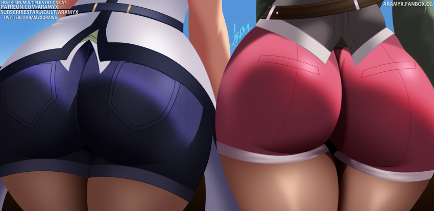 2girls aramyx ass ass_focus blue_shorts eiyuu_densetsu fanbox_username from_behind head_out_of_frame huge_ass laura_s._arseid multiple_girls noel_seeker patreon_username sen_no_kiseki_(series) short_shorts shorts signature skin_tight_clothing twitter_username vest watermark web_address