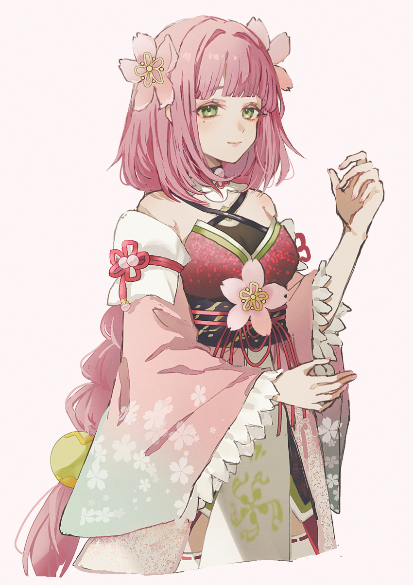 1girl bare_shoulders blunt_bangs braid breasts cherry_blossoms cleavage closed_mouth commentary_request cowboy_shot cropped_legs detached_sleeves dress floral_print flower frilled_sleeves frills green_eyes hair_flower hair_ornament hand_up highres japanese_clothes long_hair long_sleeves looking_at_viewer medium_breasts mole mole_under_eye pink_flower pink_hair rune_factory rune_factory:_guardians_of_azuma rurui_(jac7860) see-through_cleavage see-through_clothes smile solo standing thighhighs ulalaka very_long_hair white_thighhighs wide_sleeves