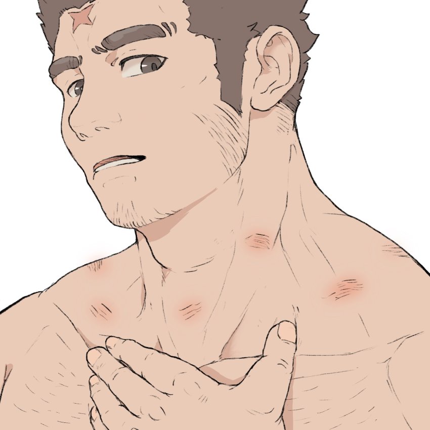 1boy bara brown_hair chest_hair cross_scar facial_hair goatee head_tilt hickey highres houzouin_oniwaka long_sideburns looking_at_viewer male_focus mature_male me-me_(mouact2) muscular muscular_male pectorals portrait scar scar_on_face scar_on_forehead short_hair sideburns solo stubble upper_body