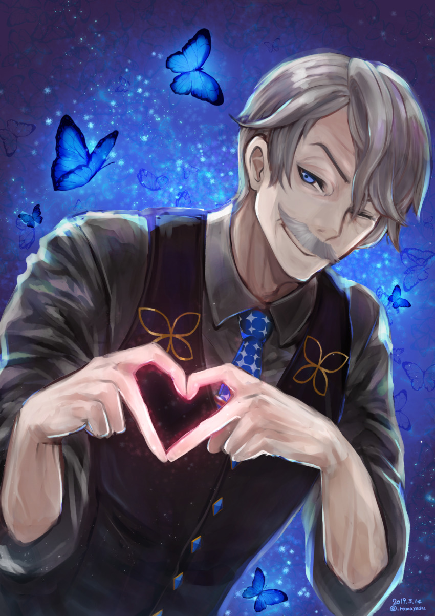 1boy ;) blue_butterfly blue_eyes blue_necktie bug butterfly collared_shirt fate/grand_order fate_(series) grey_shirt highres insect james_moriarty_(archer)_(fate) james_moriarty_(gray_collar)_(fate) looking_at_viewer male_focus necktie one_eye_closed romayasu shirt short_hair silver_hair smile solo wing_collar