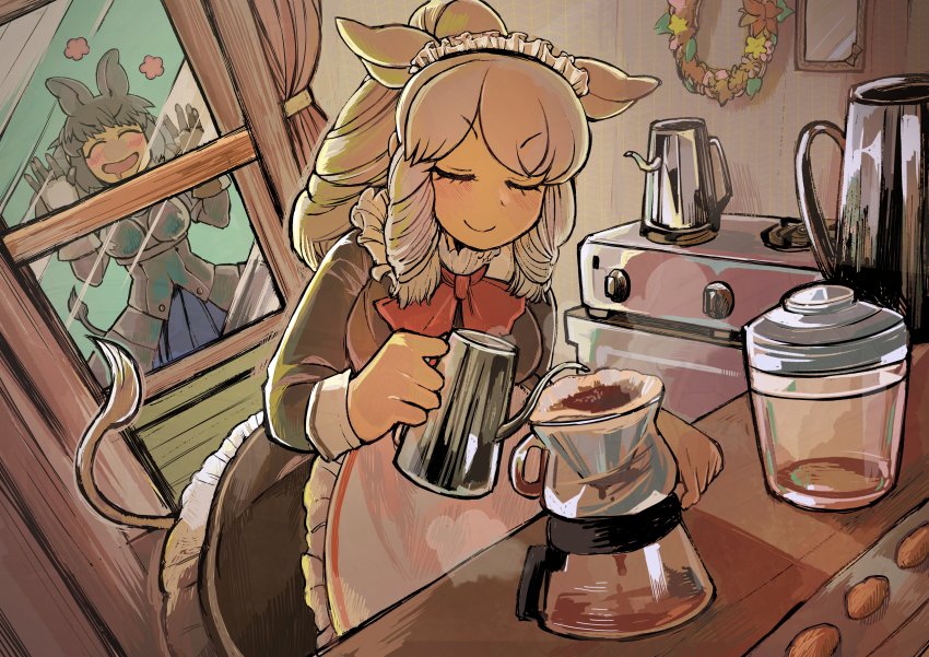 2girls absurdres against_glass alternate_costume animal_ears apron armor armored_dress black_dress black_hair black_rhinoceros_(kemono_friends) blush breastplate breasts closed_mouth coffee coffee_mug cup dress drill_hair drink drooling enmaided extra_ears closed_eyes frilled_apron frilled_dress frills gauntlets highres holding igarashi_(nogiheta) indoors kemono_friends kitchen long_hair maid maid_apron maid_headdress medium_breasts mouth_drool mug multiple_girls platinum_blonde_hair pot rhinoceros_ears rhinoceros_tail smile steam stove tail twin_drills waist_apron white_rhinoceros_(kemono_friends) window