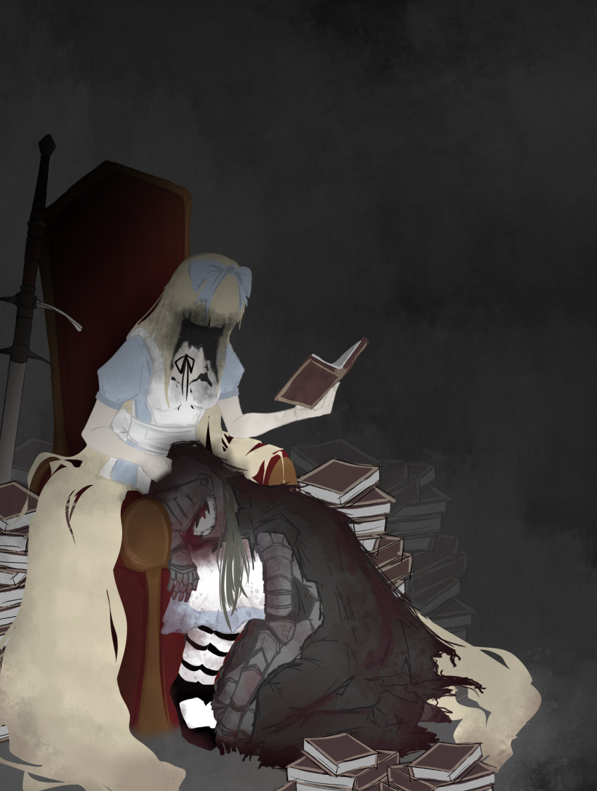 1boy 1girl absurdly_long_hair alice_(black_souls) apron armor black_liquid black_souls blood blue_dress blue_ribbon book book_stack breasts cape dress fritz_(pixiv_58604239) full_armor gauntlets grimm_(black_souls) hair_ribbon hand_on_another&#039;s_head helmet highres holding holding_book hole_in_face kneeling lap_pillow long_hair looking_at_another looking_down medium_breasts on_chair pantyhose ribbon shoes sitting stain striped_clothes striped_pantyhose sword very_long_hair visor_lift weapon white_apron zweihander