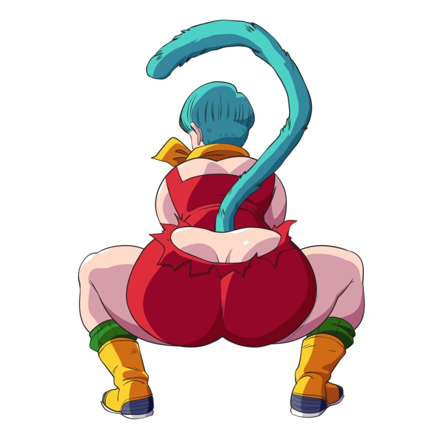 1girl ass blue_fur blue_hair boots bulma butt_crack dragon_ball dress highres red_dress scarf squatting tail thick_thighs thighs torn_clothes vanbrand