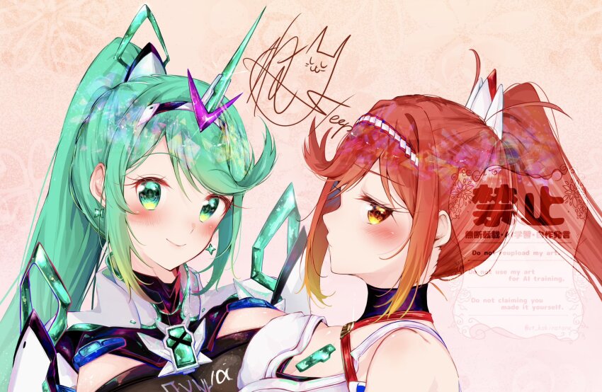 2girls breasts glimmer_(xenoblade) green_eyes green_hair highres large_breasts multiple_girls nemu_(ut_kakinotane) pneuma_(xenoblade) ponytail red_eyes red_hair