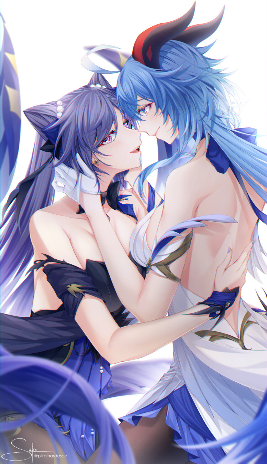2girls backless_dress backless_outfit bare_shoulders black_dress black_pantyhose blue_eyes blue_hair closed_mouth commentary commentary_request cone_hair_bun dress earrings english_commentary ganyu_(genshin_impact) genshin_impact gloves hair_bun hand_on_another&#039;s_back highres horns jewelry keqing_(genshin_impact) long_hair looking_at_another mixed-language_commentary multiple_girls pantyhose parted_lips pink_nails purple_eyes purple_hair sieka_(piiroinardesco) signature simple_background smile strapless strapless_dress twitter_username white_background white_dress white_gloves yuri