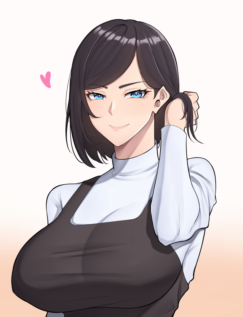 1girl absurdres band-width black_hair black_tank_top blue_eyes breasts closed_mouth hair_behind_ear heart highres large_breasts mature_female medium_hair original parted_bangs smile sweater swept_bangs tank_top turtleneck turtleneck_sweater upper_body white_sweater