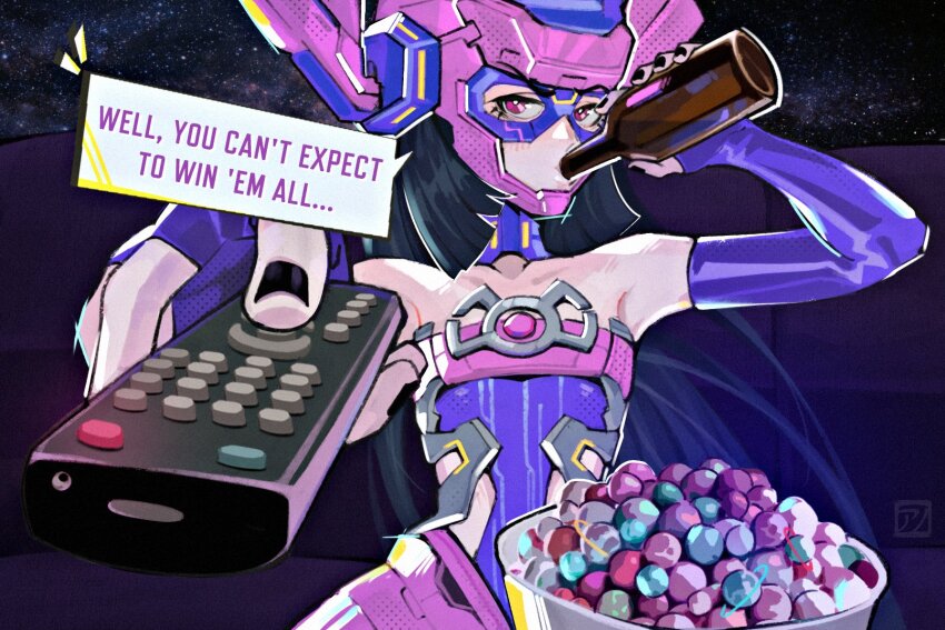 1girl alcohol anomarasu beer beer_bottle black_hair black_nails bowl commentary controller drinking elbow_gloves english_commentary english_text fingerless_gloves galacta gloves helmet highres holding holding_remote_control long_hair man_watching_tv_(meme) marvel marvel_rivals meme multicolored_helmet pink_eyes pink_helmet planet purple_gloves purple_helmet remote_control solo space speech_bubble