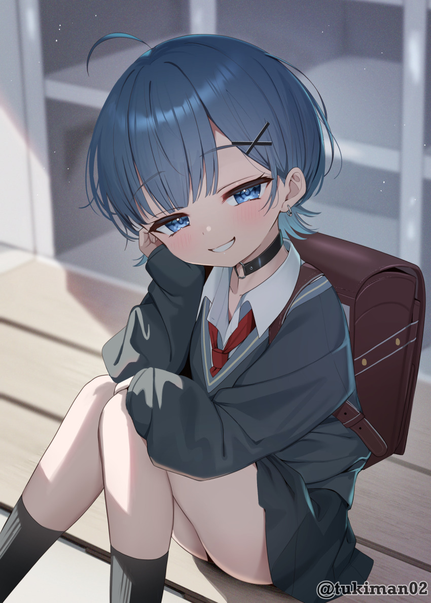 1girl ahoge backpack bag black_choker black_panties black_skirt black_socks blue_eyes blue_hair blurry blurry_background choker collared_shirt commentary_request depth_of_field grey_sweater hair_ornament hairclip highres knees_together_feet_apart knees_up long_sleeves looking_at_viewer necktie o-ring o-ring_choker original panties puffy_long_sleeves puffy_sleeves randoseru red_necktie shirt sitting skirt sleeves_past_wrists smile socks solo sweater tsukiman twitter_username underwear white_shirt x_hair_ornament