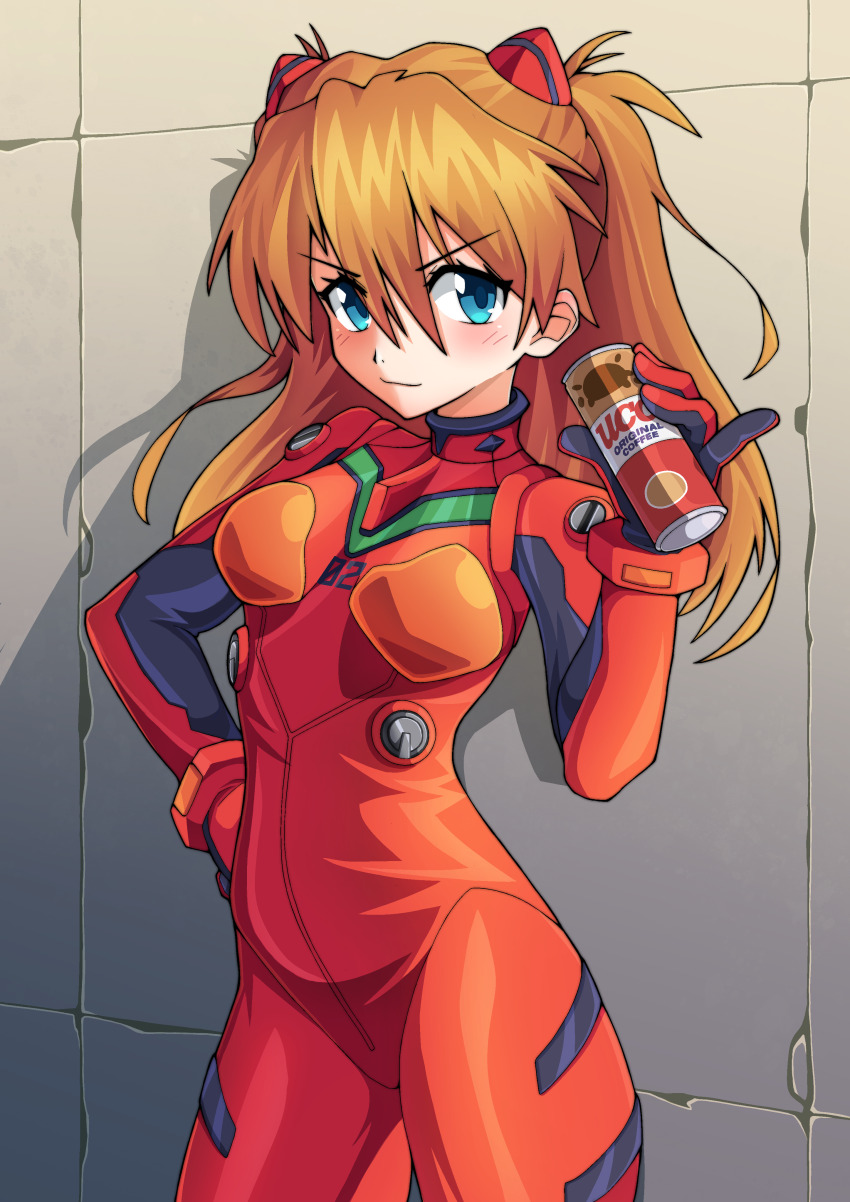 1girl absurdres blue_eyes blue_gloves bodysuit breasts brown_hair can canned_coffee closed_mouth cowboy_shot drink_can gloves hair_between_eyes hand_on_own_hip highres holding holding_can interface_headset_(evangelion) long_hair long_sleeves looking_at_viewer mecha_pilot_suit moroqoishii neon_genesis_evangelion plugsuit_(evangelion) red_bodysuit red_gloves shiny_clothes smile solo souryuu_asuka_langley two-tone_gloves two_side_up ucc_coffee wide_hips