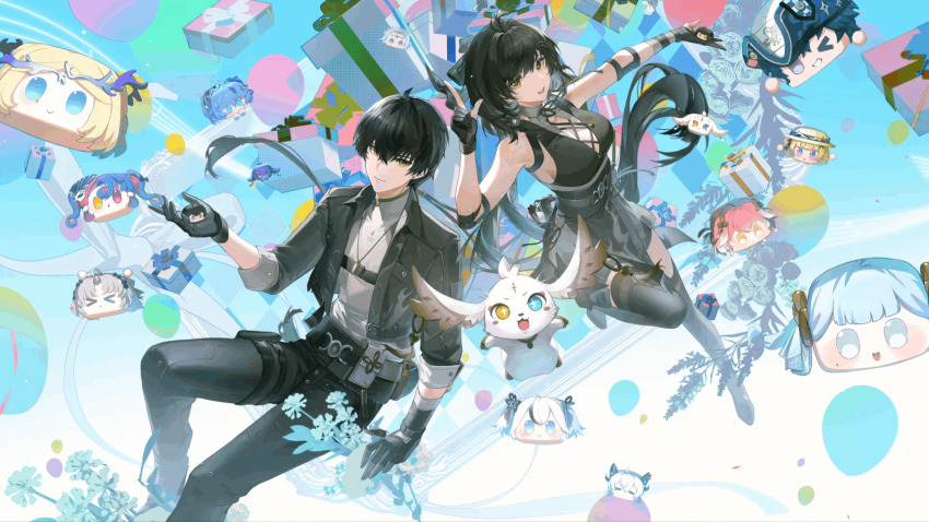 1boy 1girl abby_(wuthering_waves) bare_shoulders black_boots black_bow black_dress black_gloves black_hair black_jacket black_pants black_thighhighs boots bow brant_(wuthering_waves) calcharo_(wuthering_waves) cantarella_(wuthering_waves) carlotta_(wuthering_waves) cartethyia_(wuthering_waves) changli_(wuthering_waves) closed_mouth collared_jacket cross-laced_clothes cross-laced_dress dress dual_persona elbow_pads female_rover_(wuthering_waves) gloves grey_shirt hair_bow hand_up highres index_finger_raised jacket jewelry jinhsi_(wuthering_waves) logo male_rover_(wuthering_waves) necklace objectification official_art pants phoebe_(wuthering_waves) roccia_(wuthering_waves) rover_(wuthering_waves) shirt shorekeeper_(wuthering_waves) sleeveless sleeveless_dress smile thighhighs thighhighs_under_boots thighs wuthering_waves yellow_eyes zani_(wuthering_waves)