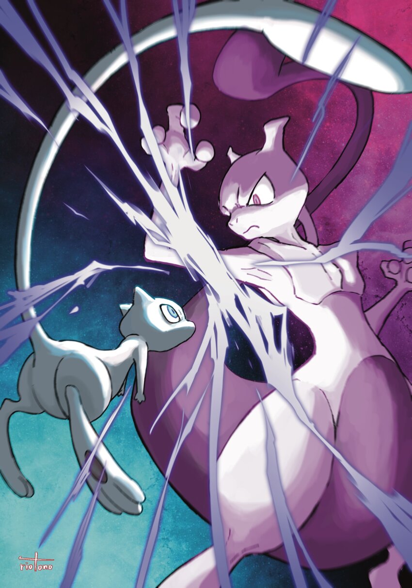 absurdres alternate_color artist_name aura blue_background blue_eyes blue_skin closed_mouth colored_skin commentary_request floating frown gen_1_pokemon gradient_background highres legendary_pokemon mew_(pokemon) mewtwo mythical_pokemon nintendo pink_background pokemon pokemon_(creature) purple_skin riotono_0643 shiny_pokemon tail two-tone_background v-shaped_eyebrows
