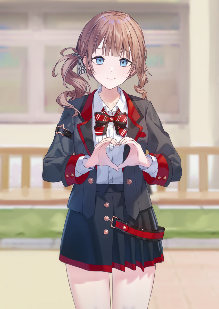 1girl absurdres black_skirt blue_eyes bow bowtie brown_hair closed_mouth collared_shirt cowboy_shot grey_jacket heart heart_hands highres jacket long_hair long_sleeves looking_at_viewer miniskirt mochizuki_honami open_clothes open_jacket pleated_skirt project_sekai school_uniform shirt side_ponytail skirt smile solo timmoo white_shirt