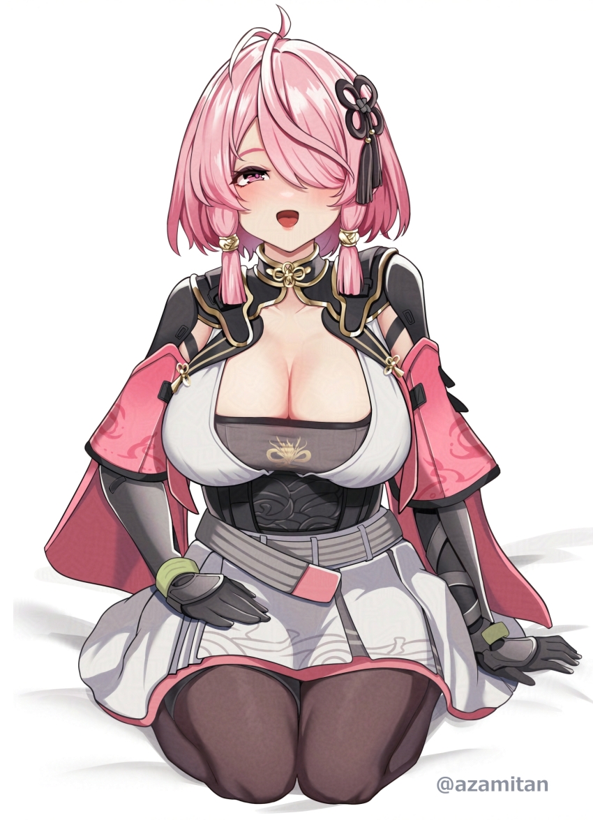1girl arm_armor black_gloves black_pantyhose breasts chinese_clothes chinese_knot cleavage dragon_print dress gloves hair_ornament hair_over_one_eye hand_up highres kogetsu_azami lap_pillow_invitation large_breasts looking_at_viewer open_mouth pantyhose pink_eyes pink_hair short_hair short_hair_with_long_locks sitting smile solo taoqi_(wuthering_waves) white_dress wuthering_waves