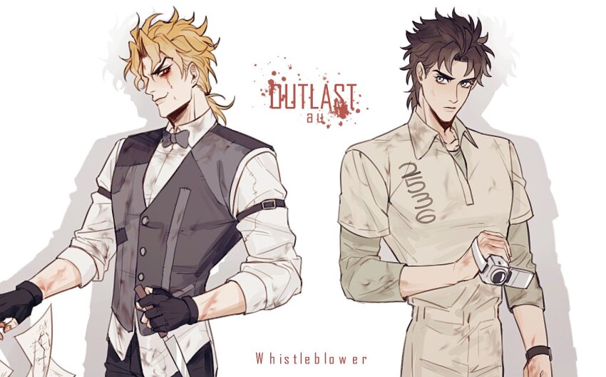 2boys blonde_hair blood blue_eyes bow bowtie brown_hair camera closed_mouth commentary_request copyright_name cosplay crossover dio_brando dirty dirty_clothes eddie_gluskin eddie_gluskin_(cosplay) evil_smile fingerless_gloves gloves hako_iix07 holding holding_knife jojo_no_kimyou_na_bouken jonathan_joestar knife long_hair male_focus multiple_boys outlast pants paper phantom_blood shadow smile video_camera waylon_park waylon_park_(cosplay)
