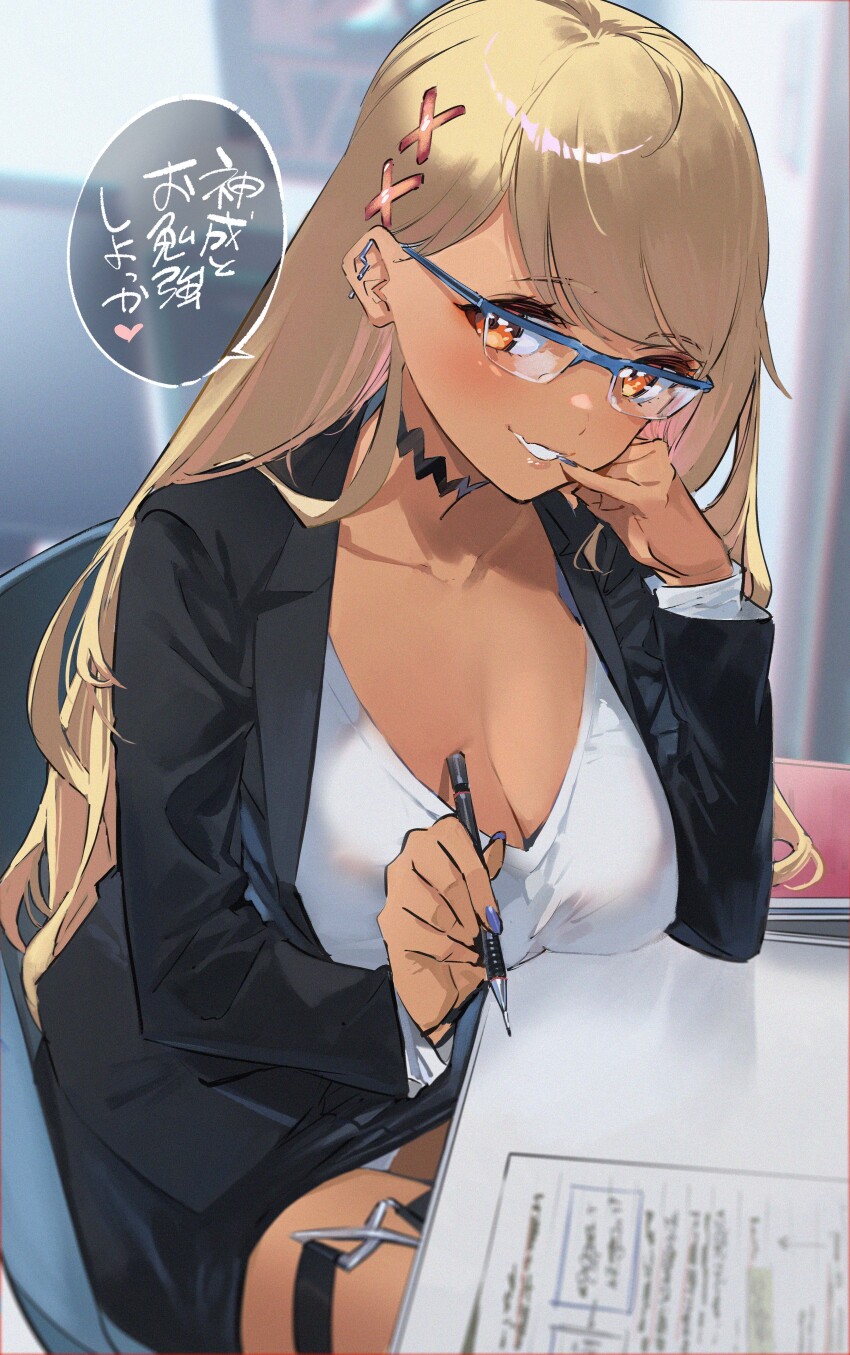 1girl absurdres alternate_costume black_choker black_nails blonde_hair blush breast_rest breasts breasts_on_table choker cleavage collarbone dark-skinned_female dark_skin earrings fang finger_to_mouth ga/ddd glasses gyaru hair_ornament heart highres holding holding_pencil kaminari_qpi large_breasts lightning_bolt_earrings lightning_bolt_symbol lips long_hair looking_at_viewer mechanical_pencil miniskirt orange_eyes panties pantyshot pencil pencil_skirt seductive_smile shirt skin_fang skirt smile solo speech_bubble swept_bangs teacher translation_request tutor underwear upskirt virtual_youtuber vspo! white_panties white_shirt x_hair_ornament