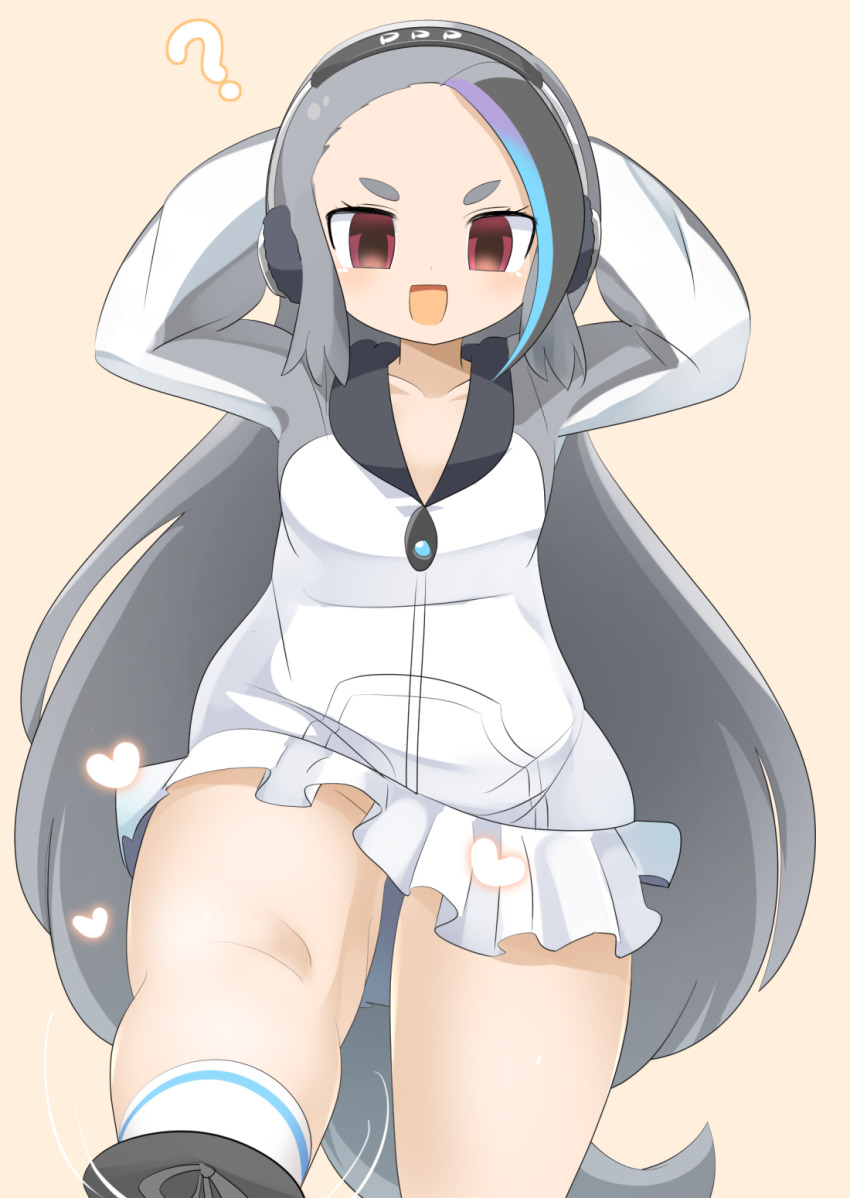 1girl :d arms_behind_head bird_tail blue_hair blush breasts brown_background commentary_request dress colored_bangs empty_eyes feet_out_of_frame frilled_skirt frills giant_penguin_(kemono_friends) gradient_hair grey_hair grey_sleeves headphones heart highres kemono_friends lets0020 long_hair looking_at_viewer multicolored_hair open_mouth raglan_sleeves red_eyes simple_background skirt small_breasts smile socks solo tail thick_eyebrows v-shaped_eyebrows very_long_hair white_dress white_socks
