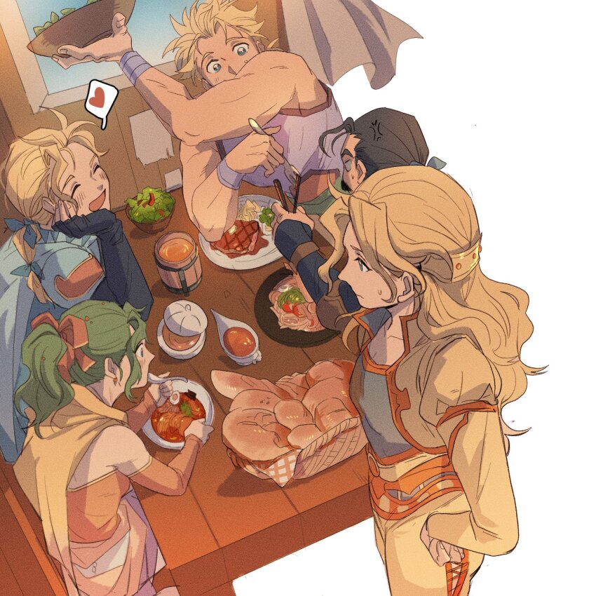 2girls 3boys anger_vein armor black_hair blonde_hair blue_cape blue_ribbon blue_shirt blush bow bowl bread brothers cape celes_chere chopsticks closed_eyes cropped_jacket cyan_garamonde detached_sleeves dinner dress earrings edgar_roni_figaro final_fantasy final_fantasy_vi food from_above garbage_paper gravy gravy_boat green_hair hair_bow hair_ornament hair_ribbon head_on_hand heart highres holding holding_bowl holding_chopsticks jacket jewelry long_hair multiple_boys multiple_girls muscular muscular_male open_mouth pants ponytail red_bow red_dress red_sleeves ribbon sabin_rene_figaro salad shirt shoulder_armor siblings sleeveless sleeveless_shirt smile spoken_heart steak strapless strapless_dress sweatdrop table tina_branford tube_dress twins upper_body wavy_hair white_nails window wooden_table yellow_cape yellow_jacket yellow_pants