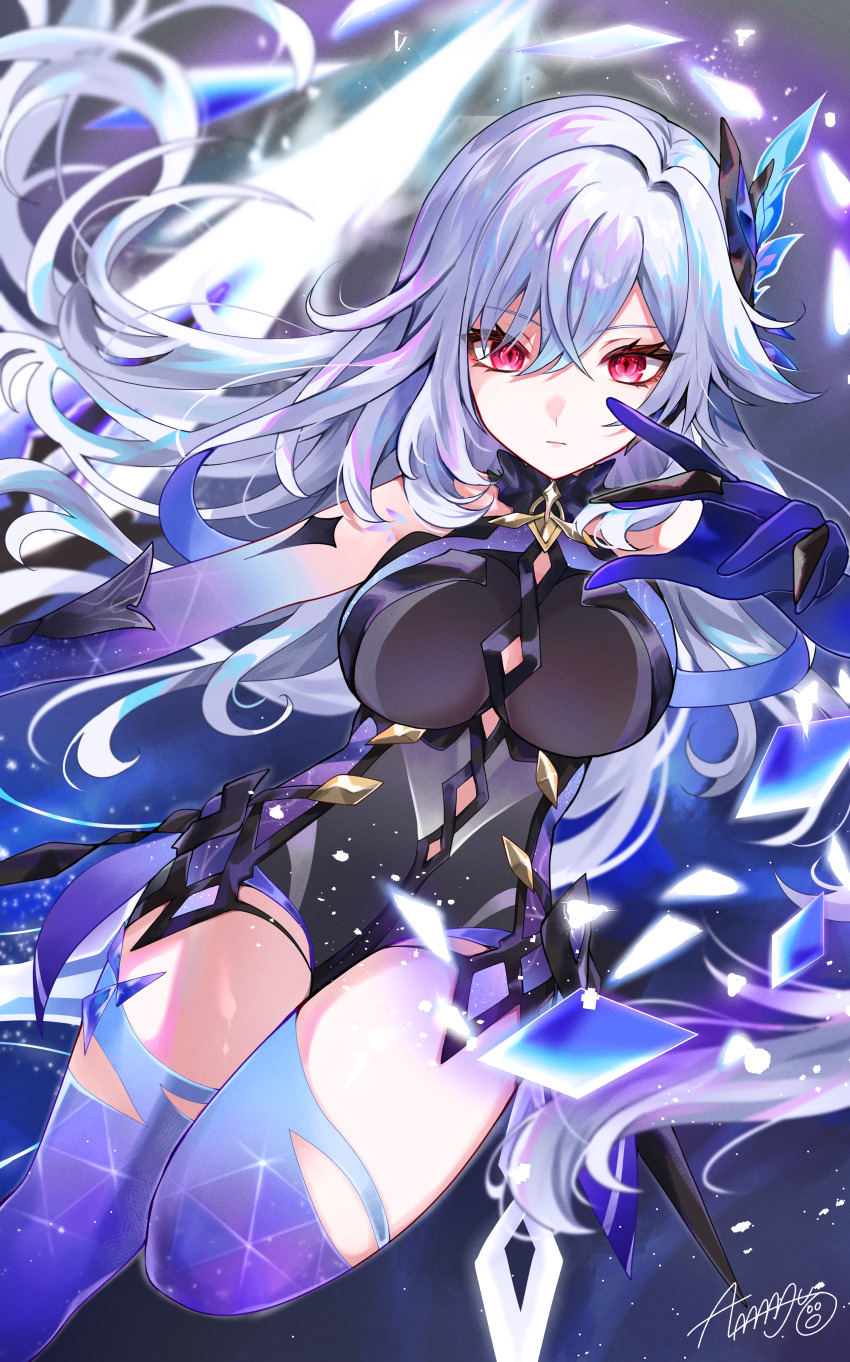 1girl absurdres almanju black_leotard breasts cowboy_shot crossed_bangs expressionless floating_hair genshin_impact glass_shards grey_hair hair_between_eyes hair_ornament highres large_breasts leg_up leotard long_hair looking_at_viewer prosthesis prosthetic_arm prosthetic_leg red_eyes shards skirk_(genshin_impact) solo