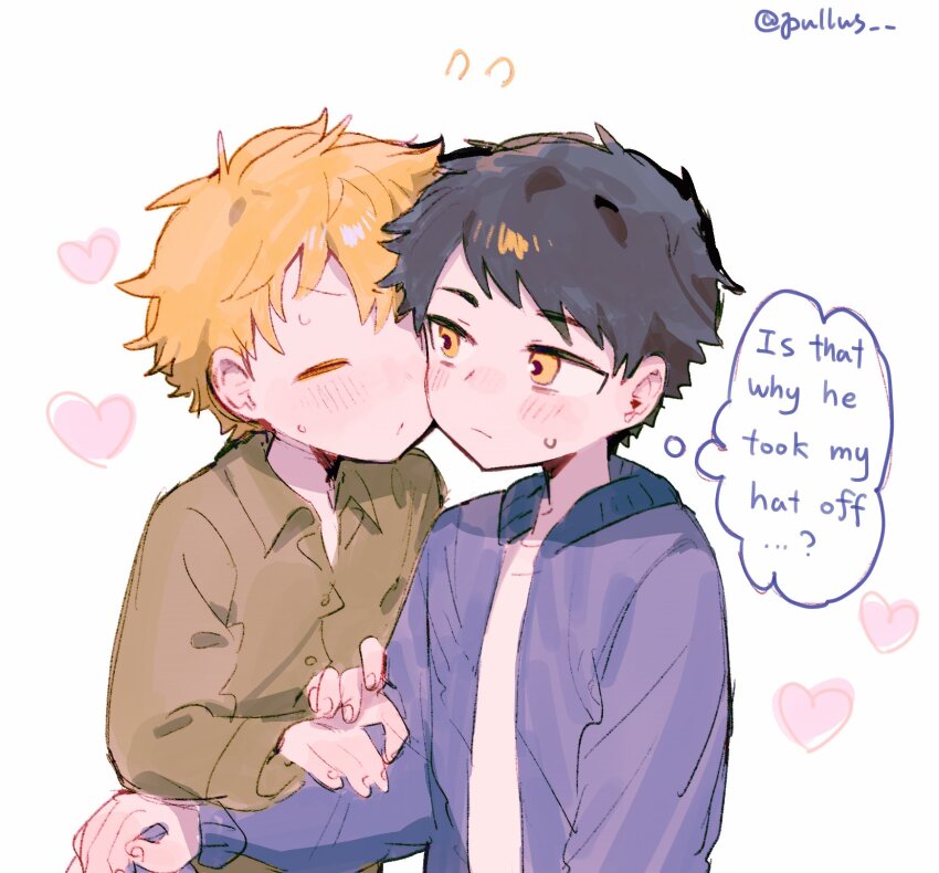 2boys animification black_hair blonde_hair closed_eyes collared_shirt craig_tucker english_text flying_sweatdrops heart highres jacket kiss kissing_cheek long_sleeves looking_to_the_side male_focus multiple_boys pullus shirt short_sleeves south_park sweat tweek_tweak yaoi yellow_eyes