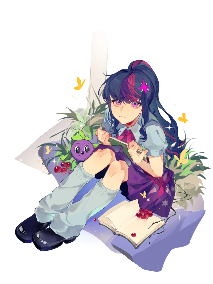 1girl :3 alternate_legwear black_hair black_shoes book bow bowtie bug butterfly closed_mouth collared_shirt cutie_mark dog food from_above frown fruit grass hair_ornament hands_up high_ponytail highres holding holding_book insect kneehighs knees_up long_hair long_sleeves loose_socks medium_skirt multicolored_hair my_little_pony my_little_pony:_equestria_girls my_little_pony:_friendship_is_magic on_grass open_book pink_bow pink_bowtie pink_hair pleated_skirt pomegranate ponytail puffy_short_sleeves puffy_sleeves purple_hair purple_skirt shirt shoes short_sleeves sidelocks simple_background sitting skirt socks solo spike_(my_little_pony) streaked_hair swept_bangs twilight_sparkle twilight_sparkle_(human) white_background white_shirt white_socks wumingshi61160 yellow_butterfly