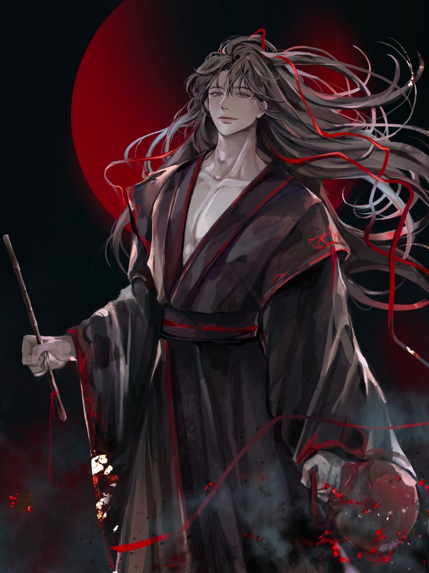 1boy absurdres black_hair black_hanfu brown_hair chinese_clothes closed_mouth collarbone ddyog floating_hair flute hair_down hair_ribbon hanfu highres holding holding_flute holding_instrument instrument long_hair long_sleeves looking_at_viewer male_focus modao_zushi moon pectorals red_eyes red_moon red_ribbon red_theme ribbon robe sash smile solo standing wei_wuxian wei_wuxian_(yiling_laozu) wide_sleeves wind