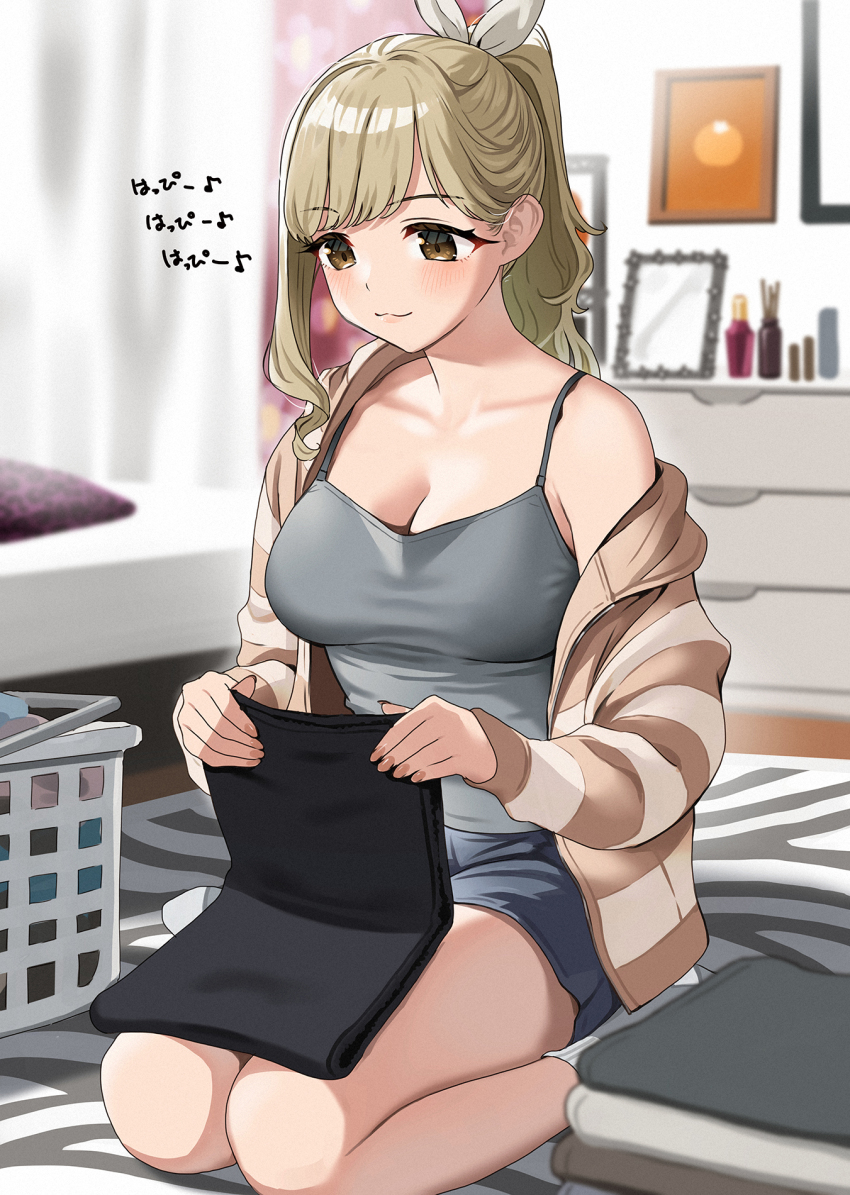 1girl :3 animal_print bed blonde_hair bottle bow breasts brown_cardigan brown_eyes camisole cardigan carpet collarbone doushimasho folding_clothes grey_camisole grey_shorts hair_behind_ear highres indoors laundry laundry_basket medium_breasts mirror music original perfume_bottle ponytail print_carpet sawamoto_mikan seiza shorts singing sitting socks solo tank_top white_bow zebra_print