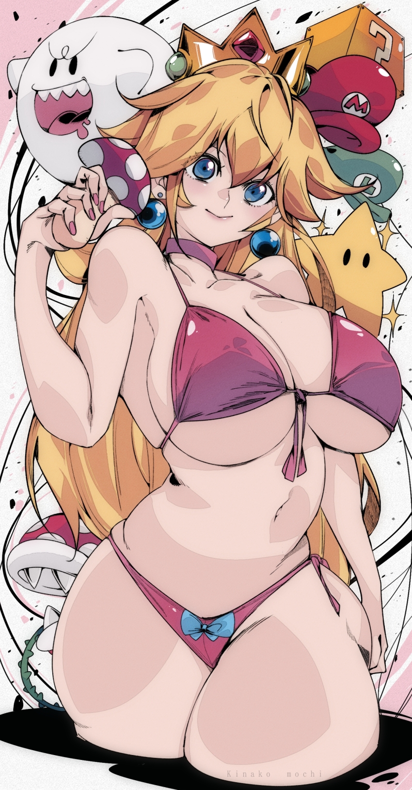 1girl ?_block absurdres bikini blonde_hair blue_eyes boo_(mario) breasts cowboy_shot crown earrings front-tie_bikini_top front-tie_top hat highres holding holding_mushroom jewelry kinakomochi_(user_vedc2333) large_breasts long_hair looking_at_viewer mario_(series) mushroom nintendo pink_bikini piranha_plant princess_peach smile sphere_earrings super_mushroom super_star_(mario) swimsuit unworn_hat unworn_headwear