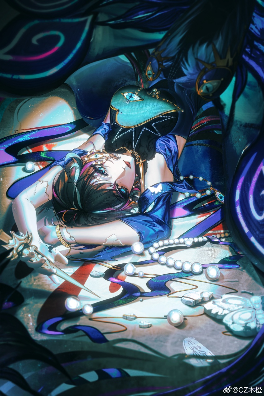 1girl absurdres armpits arms_up artist_logo black_hair blue_dress bracelet chinese_commentary commentary cracked_skin cz_mu_cheng dress earrings enfer_(path_to_nowhere) eyeball_earrings eyeshadow gem gold_bracelet gold_earrings gold_necklace gown highres hobble_dress holding_chisel jewelry logo long_dress long_hair looking_at_viewer lying makeup mole mole_under_eye multicolored_hair necklace on_back on_floor path_to_nowhere pearl_(gemstone) pearl_earrings purple_eyeshadow red_lips solo streaked_hair sword_necklace very_long_hair