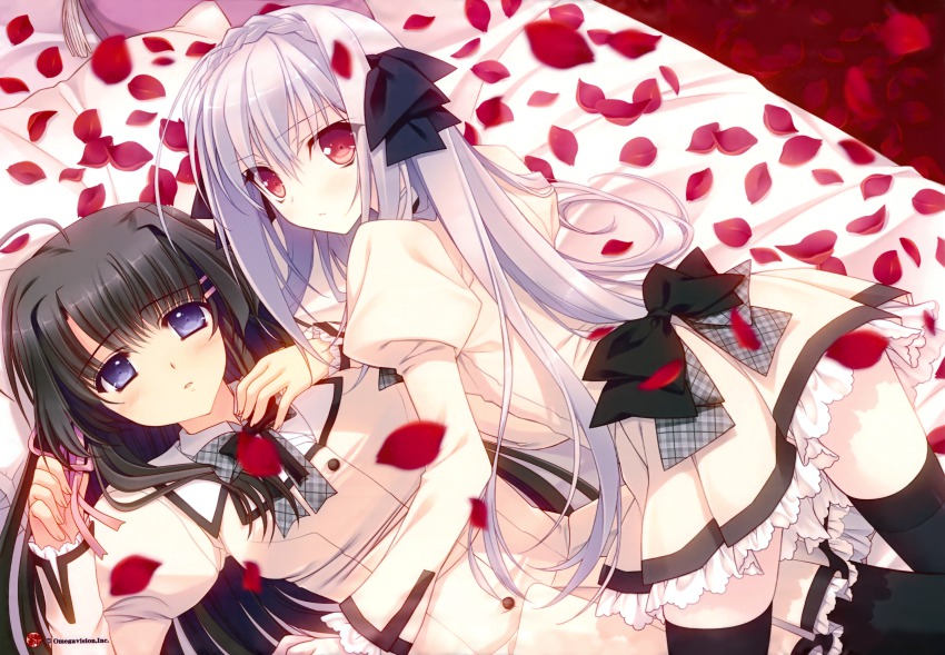 2girls absurdres ahoge bed_of_roses black_hair black_legwear blue_eyes braid frills grey_hair hair_ornament hair_ribbon hairclip hananomiya_mizuho highres huge_filesize juliet_sleeves long_hair long_sleeves lying multiple_girls nishimata_aoi petals plaid puffy_sleeves red_eyes ribbon rose_petals sakurakouji_luna school_uniform suzuhira_hiro thighhighs tsuki_ni_yorisou_otome_no_sahou